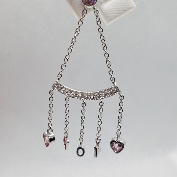 925 Silver Dangling CZ Hearts MOM Earrings - Picture 6 of 8